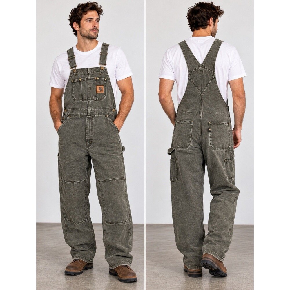 Carhartt R08 Men’s 34x30 MossGreen Duck Canvas Bib Overalls Double Knee Workwear